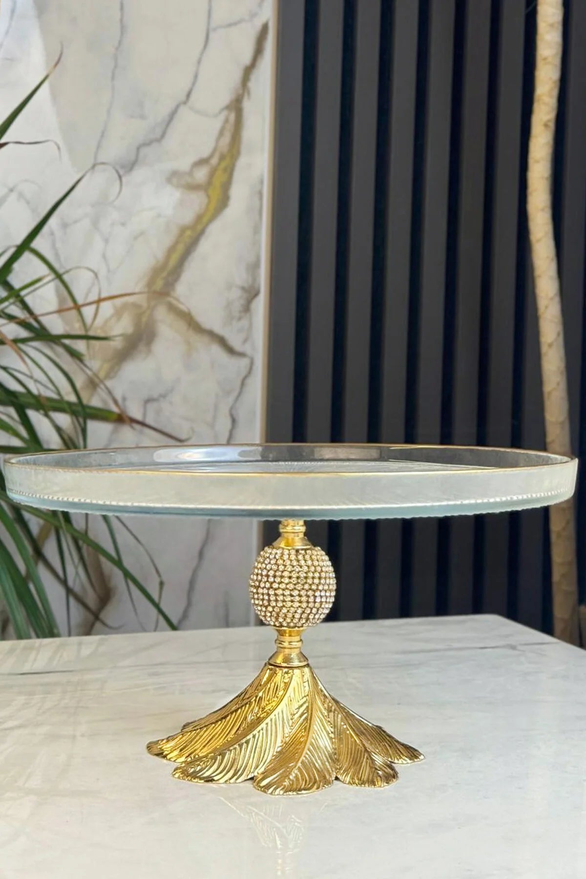 Gold Detaylı Cam Sunum Tabağı & Ayaklı Pasta Kek Kurabiye Standı (28 Cm)