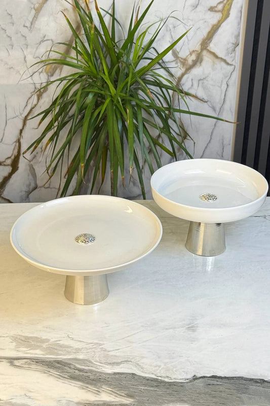 2'Li Porselen Gümüş Ayaklı Tabak Kase Seti & Salata Kek Kurabiye Sunumluğu Servisliği ( Yıkanabilir)