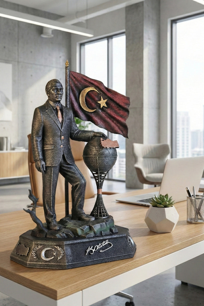 Atatürk Eli Dünya Üzerinde Arkası bayraklı Dekoratif biblo Bakır