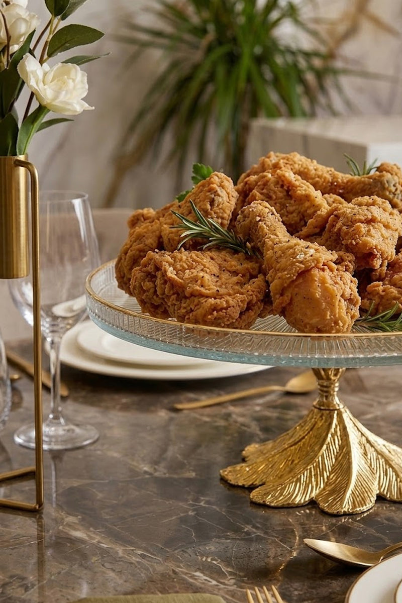 Gold Metal Ayaklı Sunumluk Servislik Cam Tabak & Kurabiye Pasta Tatlı Yemek Sunumluğu ( 26 CM)