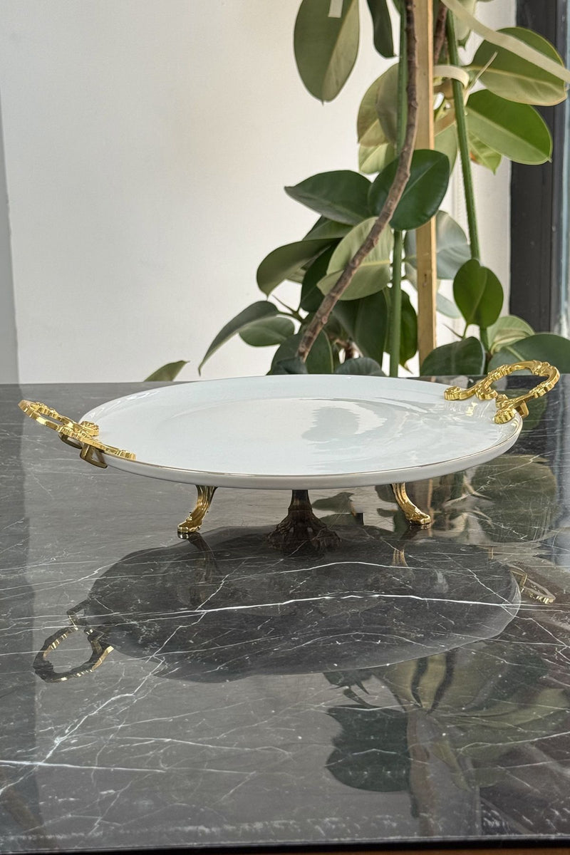 Porselen Metal Kulplu Ayaklı Sunumluk Servislik Tabak (Yaldızlı)