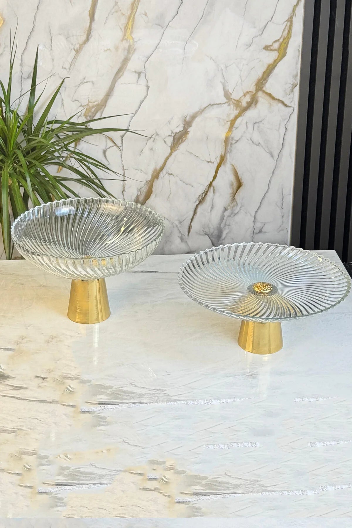 Gold Ayaklı Cam Kase Tabak Seti & Salata Meyve Pasta Kurabiye Kek Sunumluğu Servisliği