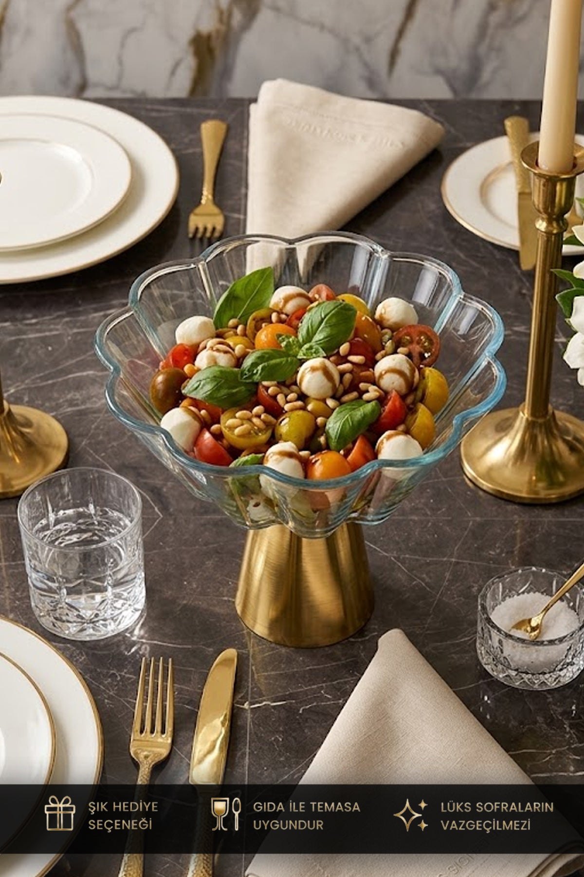 Yonca Gold Metal Ayaklı Cam Sunumluk Salata Meyve Tatlı Servis Kasesi