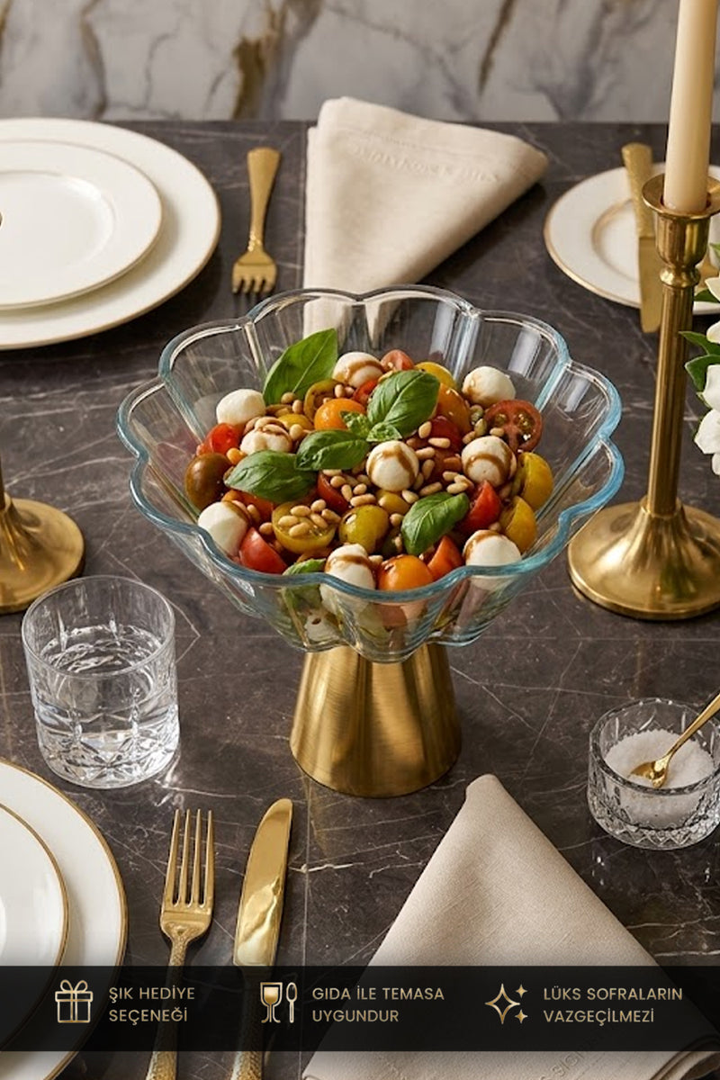 Yonca Gold Metal Ayaklı Cam Sunumluk Salata Meyve Tatlı Servis Kasesi