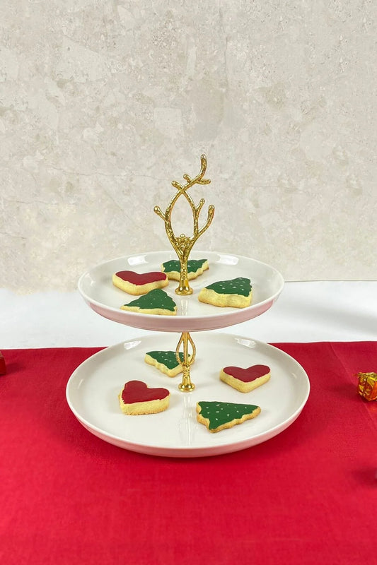 2 Katlı Porselen Kurabiyelik Ikramlık Sunumluk Tabak