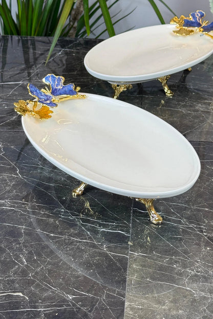 Blue Butterfly 3'Lü Sunum Servis Seti & Gold Ayaklı Kayık Yuvarlak Tabak