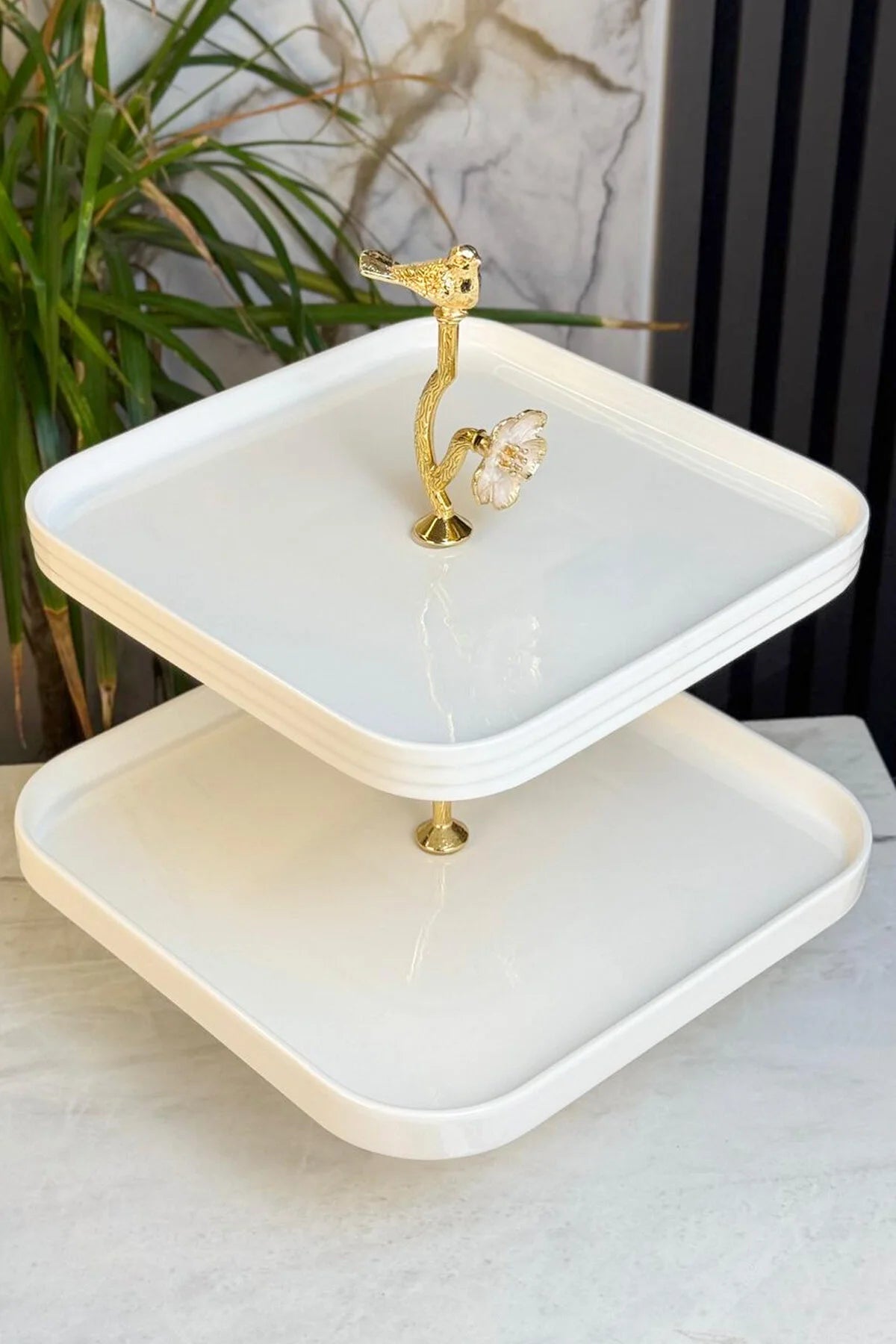 3 Parça Gold Detaylı Porselen Sunum Tabağı Seti & Kurabiyelik Pasta Yemek Servisliği