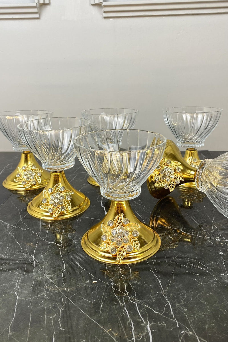 6'Lı Metal Gold Ayaklı Cam Magnolia İkramlık Çerezlik Kase