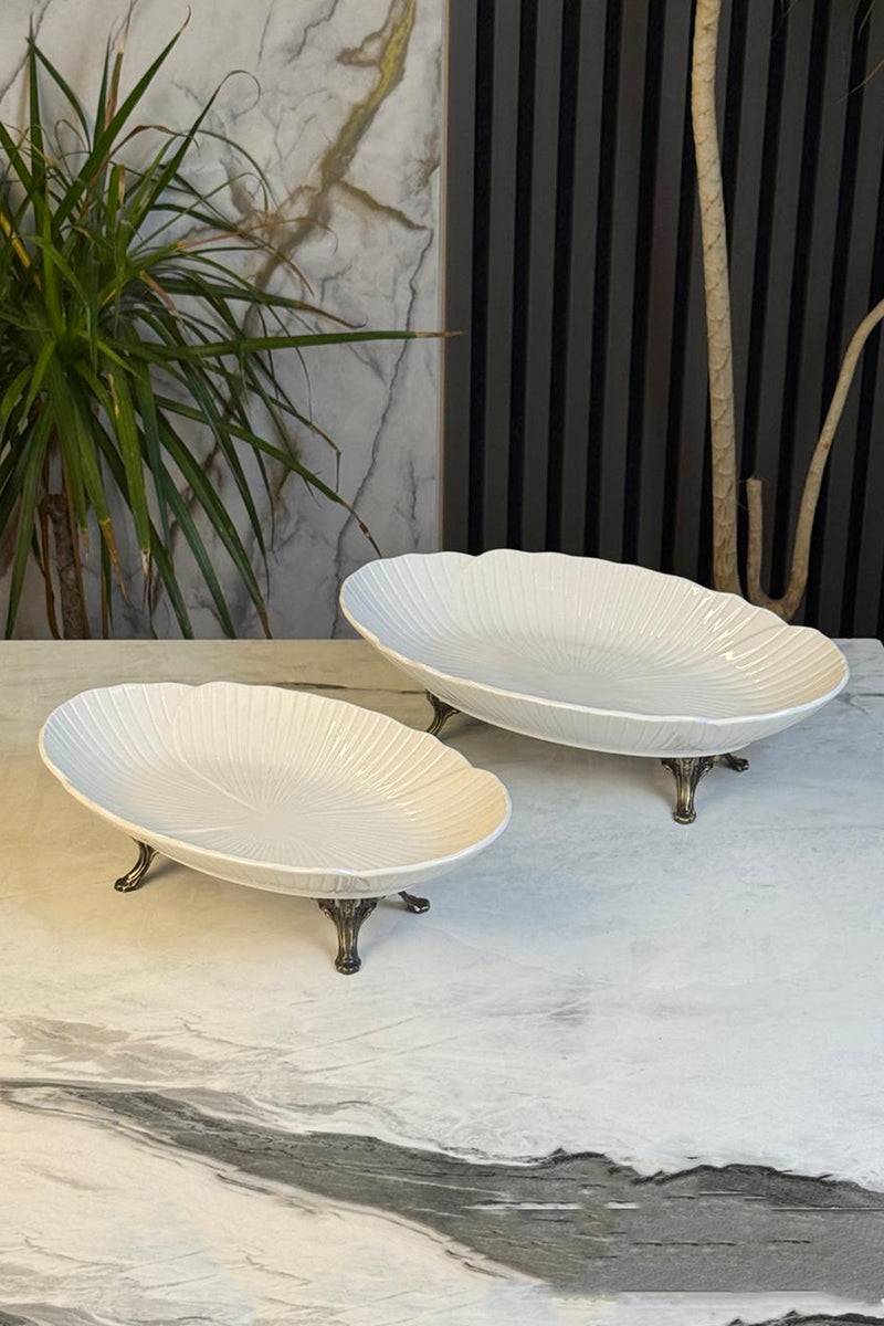 2'Li Porselen Kayık Sunum Tabağı & Metal Ayaklı Oval Meze Yemek İkramlık Servsiliği