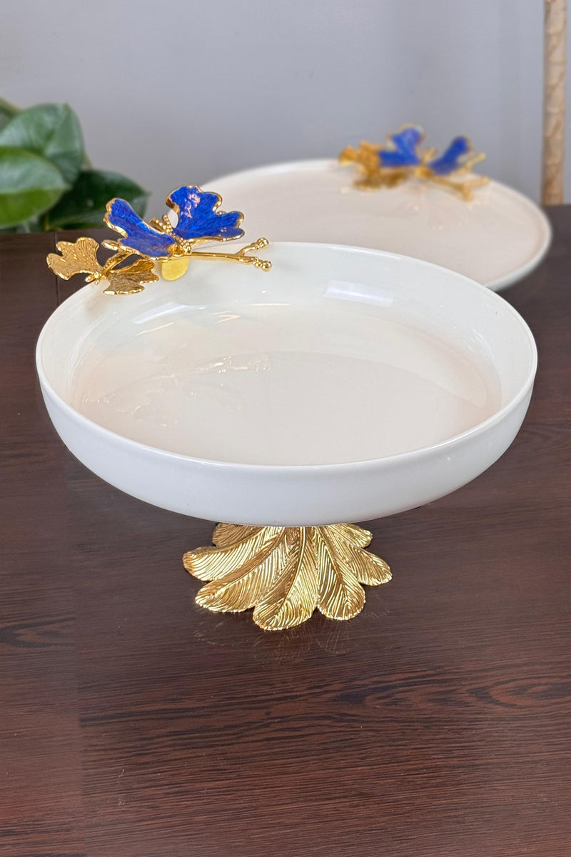 5 Parça Blue Butterfly Kand Ayaklı Porselen Kase Oval Tabak Sunum Seti