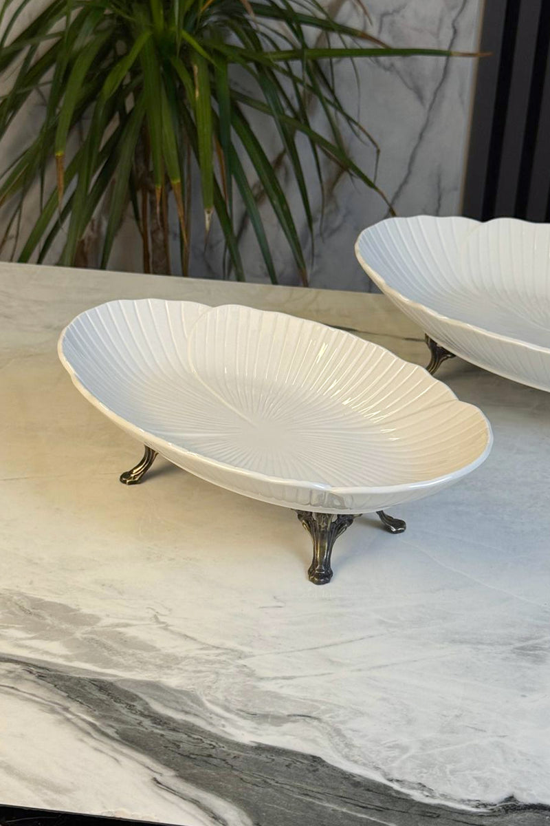 2'Li Porselen Kayık Sunum Tabağı & Metal Ayaklı Oval Meze Yemek İkramlık Servsiliği