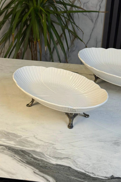 2'Li Porselen Kayık Sunum Tabağı & Metal Ayaklı Oval Meze Yemek İkramlık Servsiliği