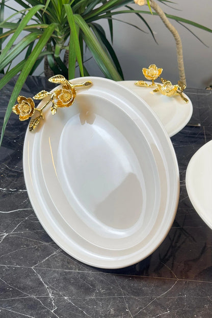 4 Parça Firuze Porselen Metal Ayaklı Sunum Servis Seti &Tabak Kase Meze Kayık Seti