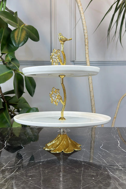 2 Katlı Porselen Ayaklı Kurabiyelik Sunumluk Tabak & Gold Bron Detaylı