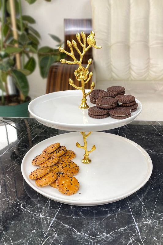 2 Katlı Porselen Gold Detaylı Kurabiyelik Sunumluk Tabak