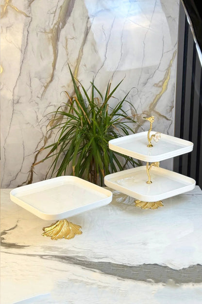3 Parça Gold Detaylı Porselen Sunum Tabağı Seti & Kurabiyelik Pasta Yemek Servisliği