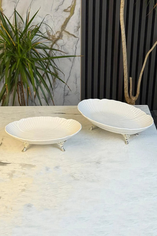 2'Li Porselen Kayık Sunum Tabağı & Metal Ayaklı Oval Meze Yemek İkramlık Servsiliği