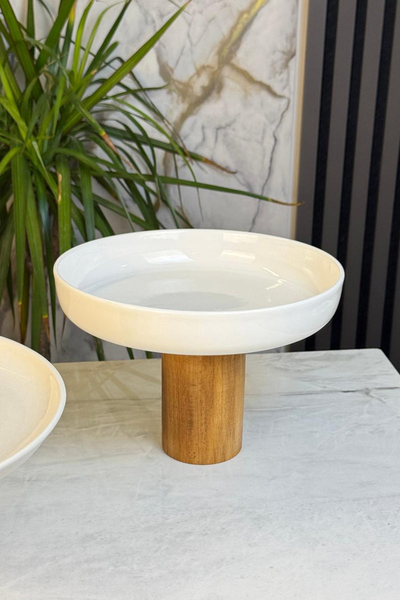 Ahşap Ayaklı Porselen Sunum Kasesi & Meyve Salata Meze Servisliği 26 CM