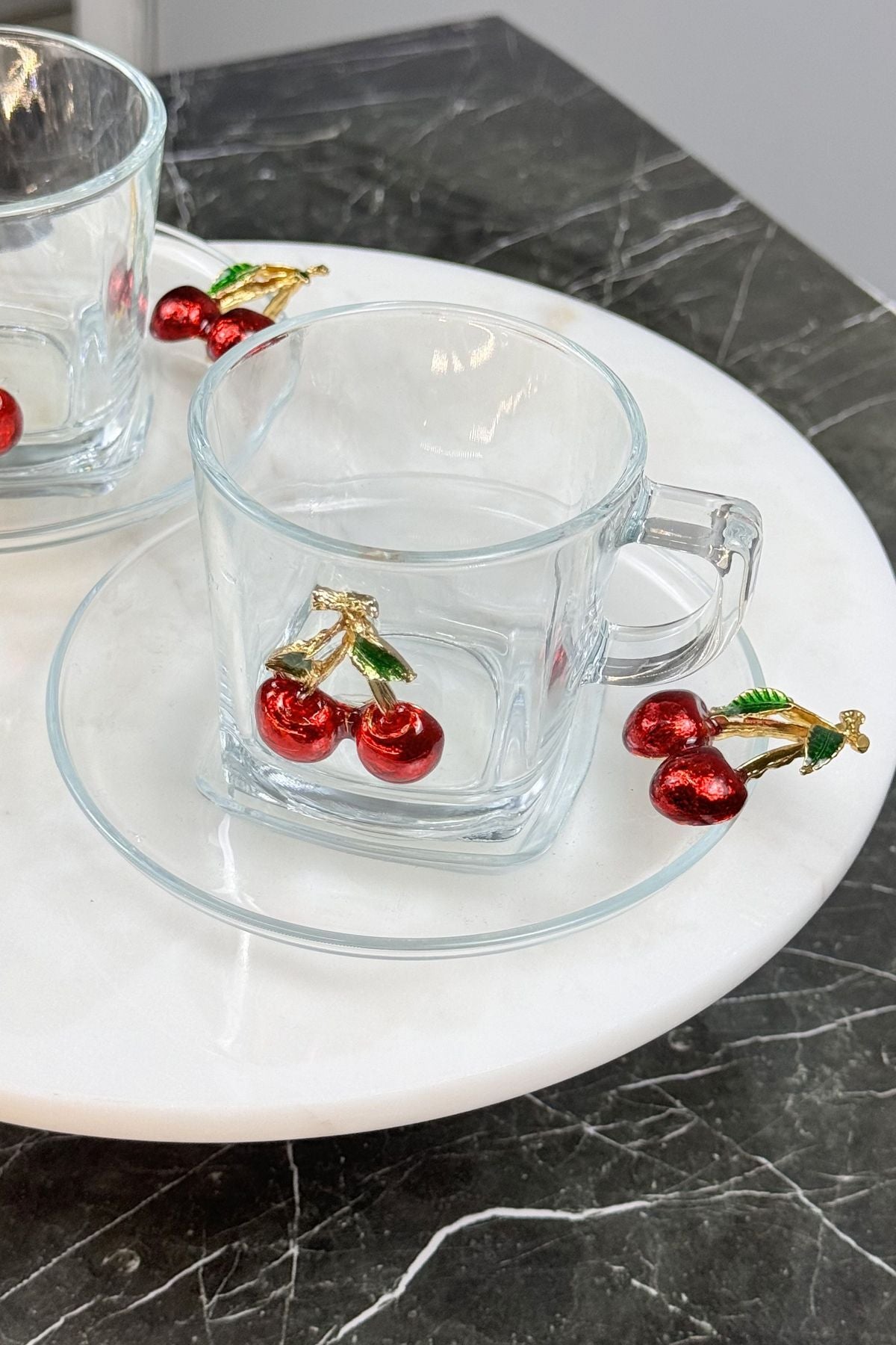 2 Kişilik Cam Çay Kahve Nescafe Fincanı & Kiraz Model Hediyelik Kupa