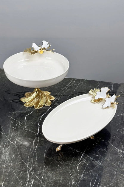 White Butterfly 3 Parça Porselen Sunum Servis Seti & Kand Ayak Salata Kase Oval Meze Tabağı