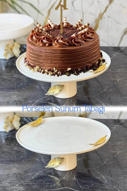 Porselen Yaprak Detaylı Ayaklı Sunumluk Tabak & Kek Pasta Yemek Sunumluğu