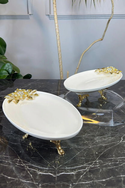 Bron 2'li Oval Porselen Sunumluk Tabak & Ayaklı Tabak