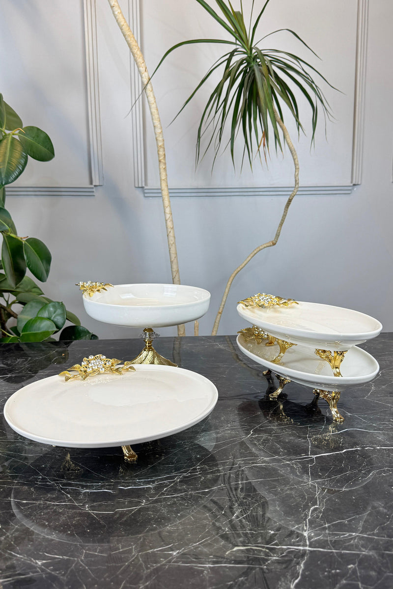4 Parça Bron Gold Porselen Sofra Sunum Servis Seti & Yemek Tabağı Salata Kasesi Oval Meze Tabağı
