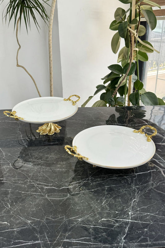 2'Li Metal Ayaklı Yaldızlı Porselen Sofra Sunum Seti (Nur Set)& Kek Pasta Yemek Servis Tabağı