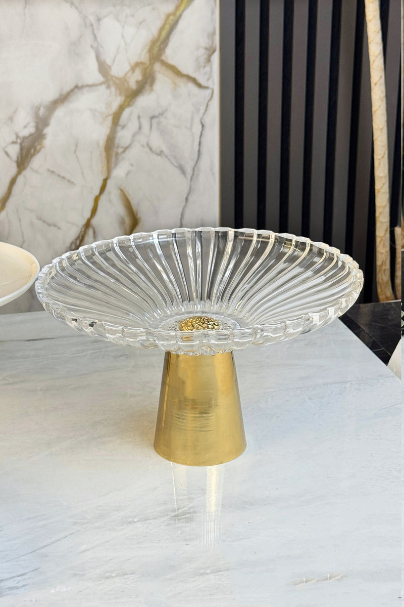 Vervo Gold Metal Ayaklı Cam Tabak & Kurabiye Kek Pasta Servisliği Sunumluğu (YIKANABİLİR)