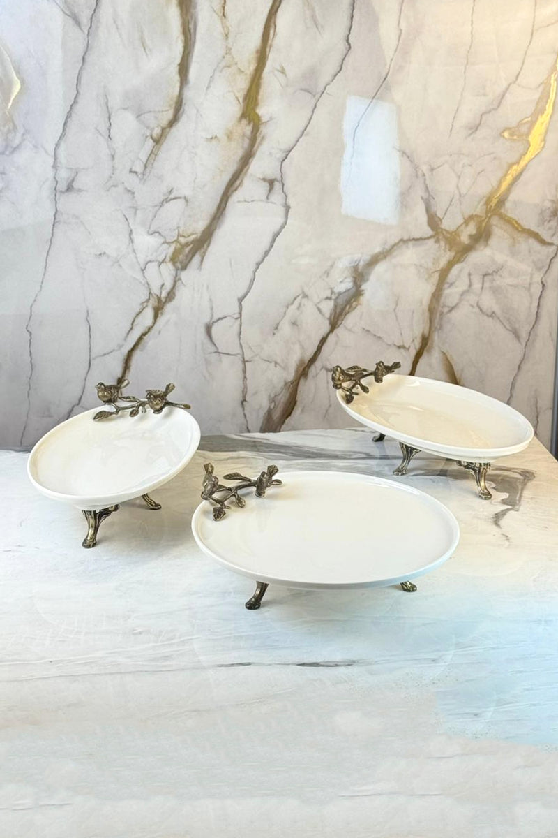 4 Parça Porselen Antik Kuş Sunum Tabak Seti & Oval Meze Yemek Sunumluğu