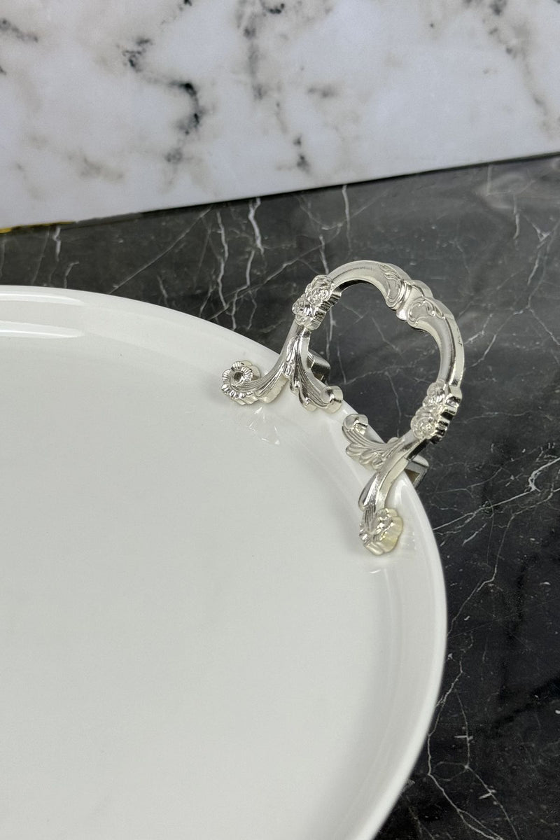 2'Li Porselen Gümüş Kand Ayaklı Sofra Sunum Seti Nur Set & Kek Pasta Yemek Servis Tabağı