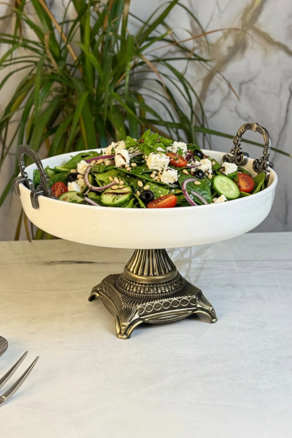 Antik Kulplu Ayaklı Porselen Sunumluk Kase & Salata Meze Sunumluğu