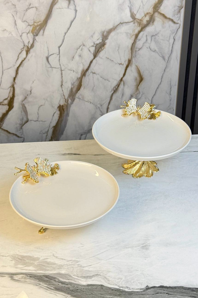 2'Li Porselen Gold Metal Ayaklı Sunumluk Servislik & Papatya Detaylı Kuabiyelik Pasta Standı