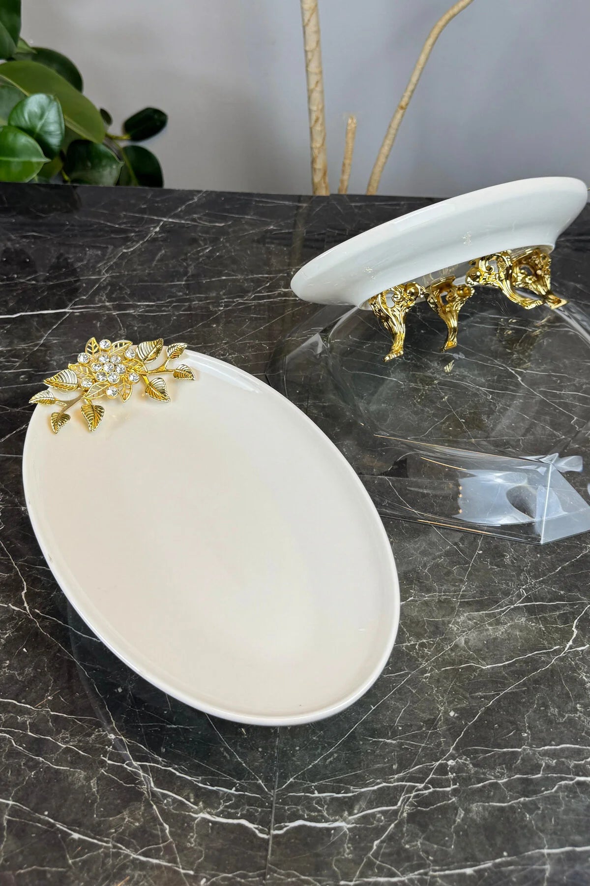 Bron 2'li Oval Porselen Sunumluk Tabak & Ayaklı Tabak