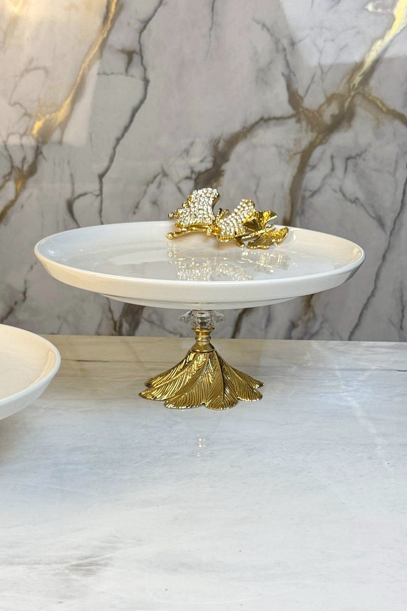 2'Li Porselen Gold Metal Ayaklı Sunumluk Servislik & Papatya Detaylı Kuabiyelik Pasta Standı