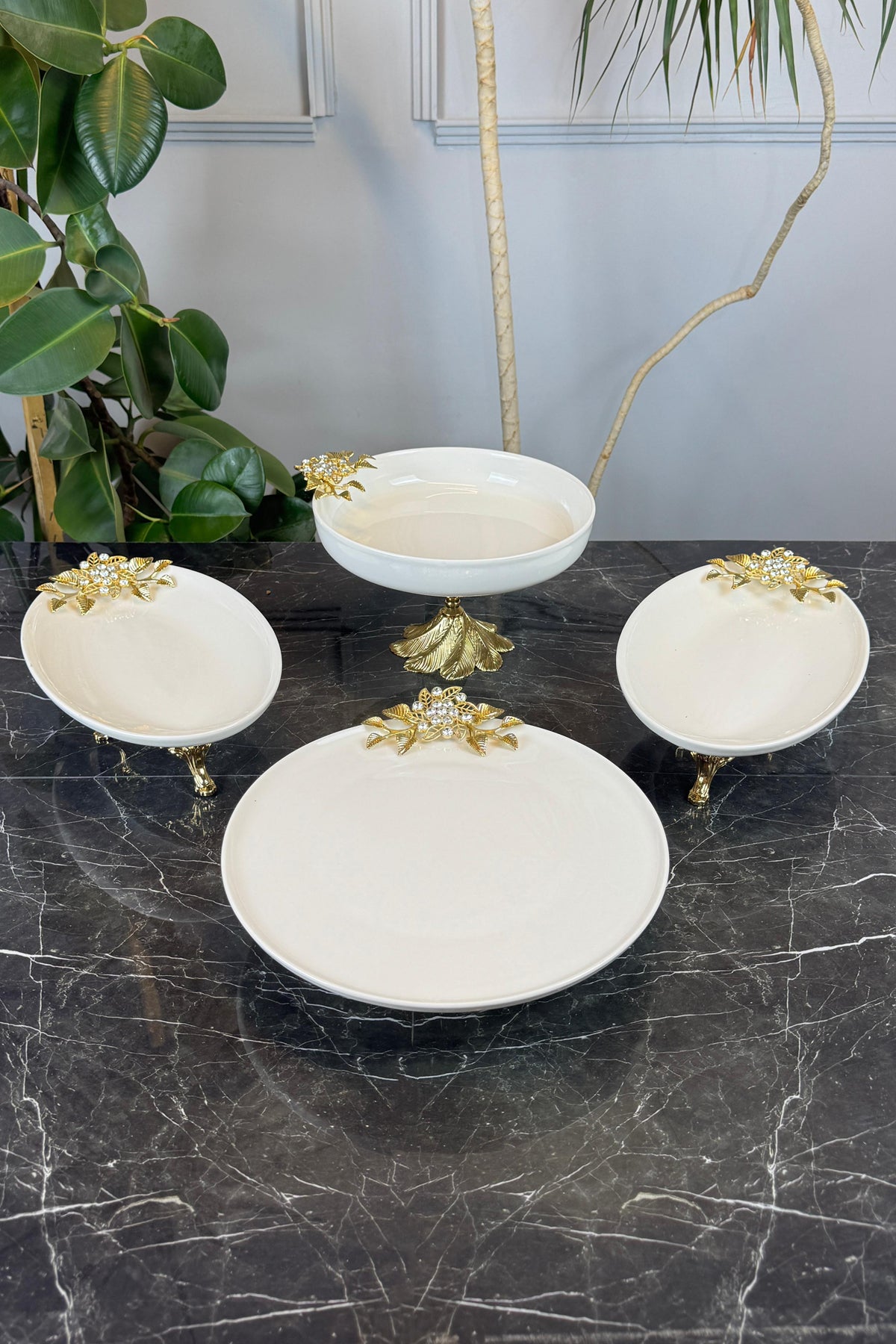 4 Parça Bron Gold Porselen Sofra Sunum Servis Seti & Yemek Tabağı Salata Kasesi Oval Meze Tabağı