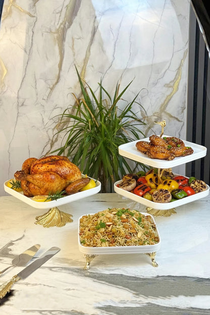 3 Parça Gold Detaylı Porselen Sunum Tabağı Seti & Kurabiyelik Pasta Yemek Servisliği