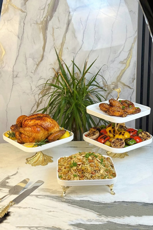 3 Parça Gold Detaylı Porselen Sunum Tabağı Seti & Kurabiyelik Pasta Yemek Servisliği