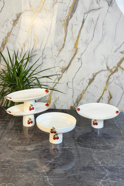 Kiraz Figürlü Porselen Ayaklı Sunum Tabağı & Pasta Kurabiye Meze Servis Standı