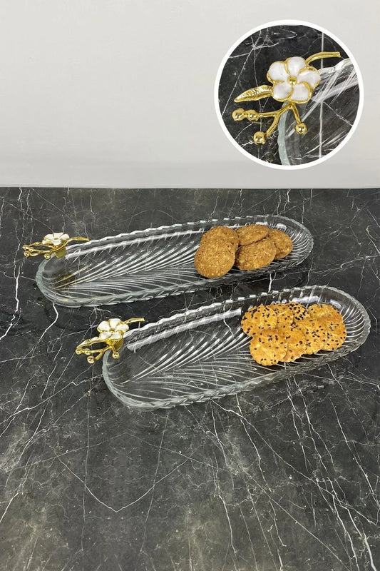 Papatya Detaylı 2'li Oval Cam Sunumluk Tabak