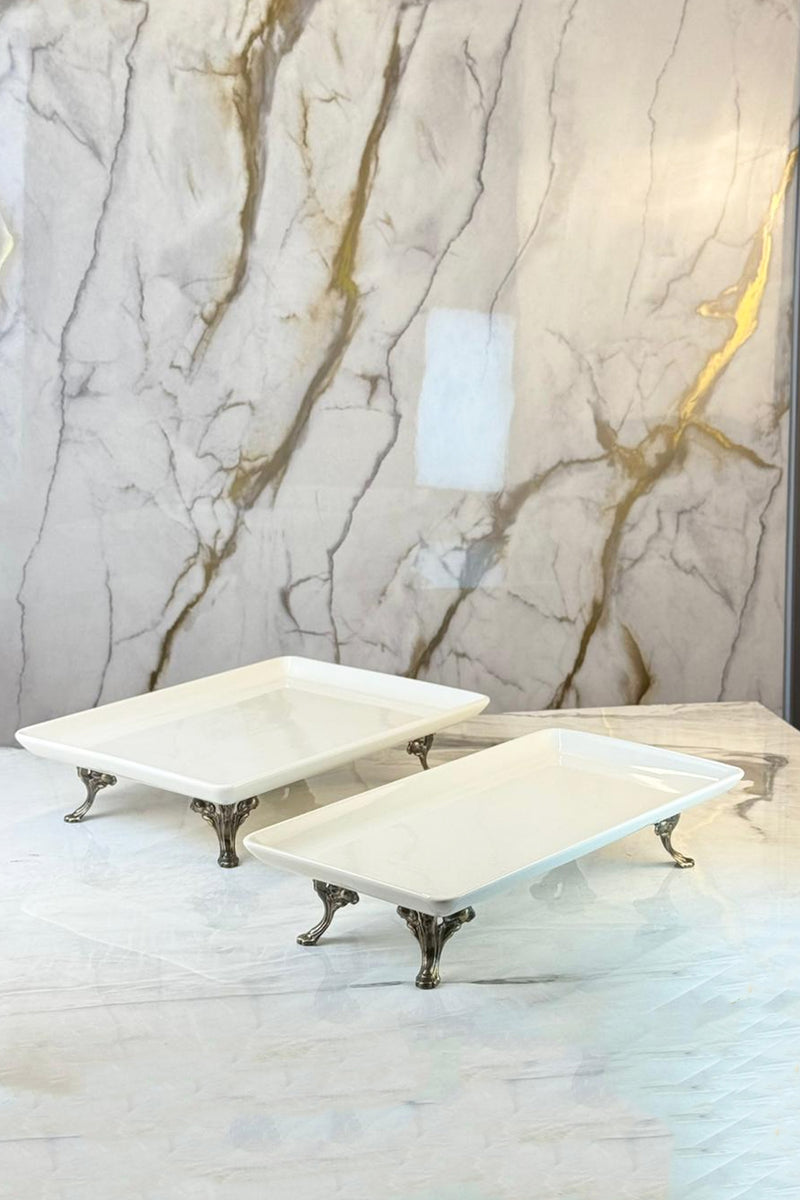 2'Li Porselen Ayaklı Sunumluk Tabak &Dikdörtgen Servislik Set