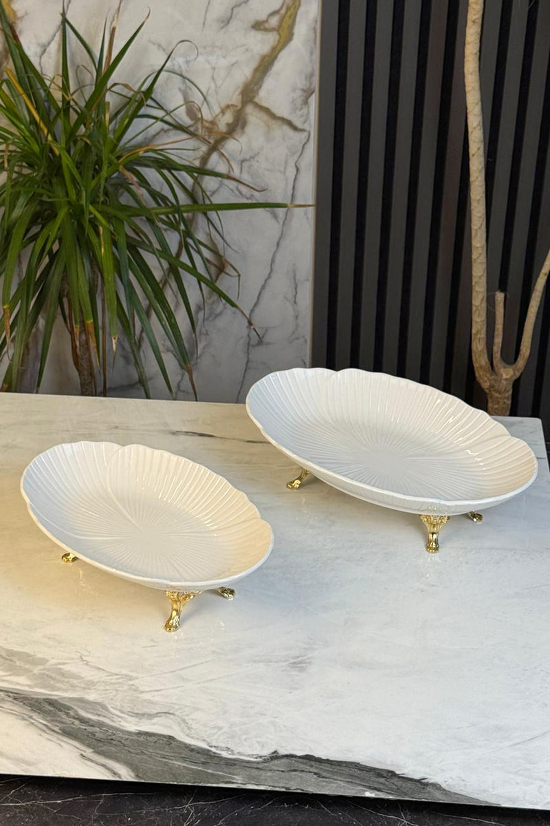 2'Li Porselen Kayık Sunum Tabağı & Metal Ayaklı Oval Meze Yemek İkramlık Servsiliği