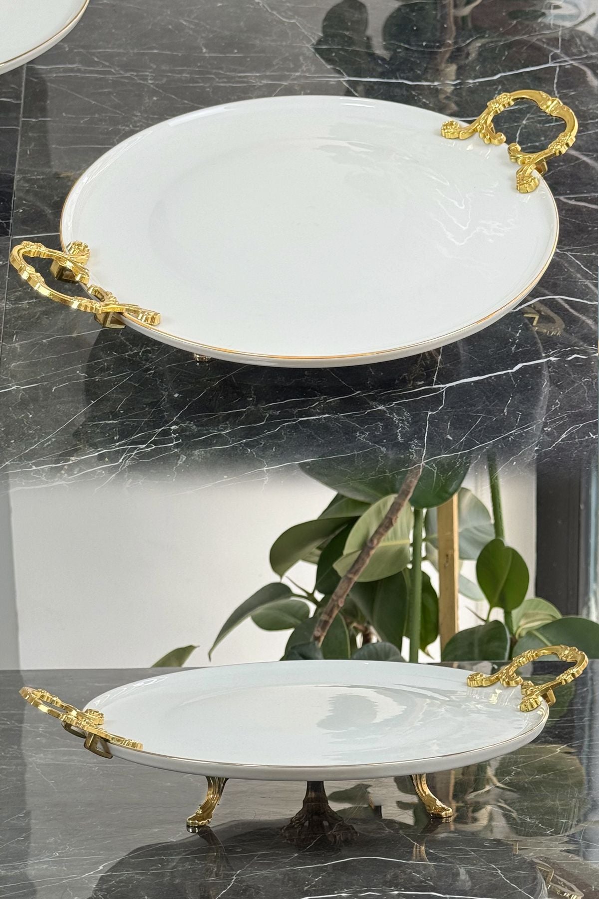 Porselen Metal Kulplu Ayaklı Sunumluk Servislik Tabak (Yaldızlı)