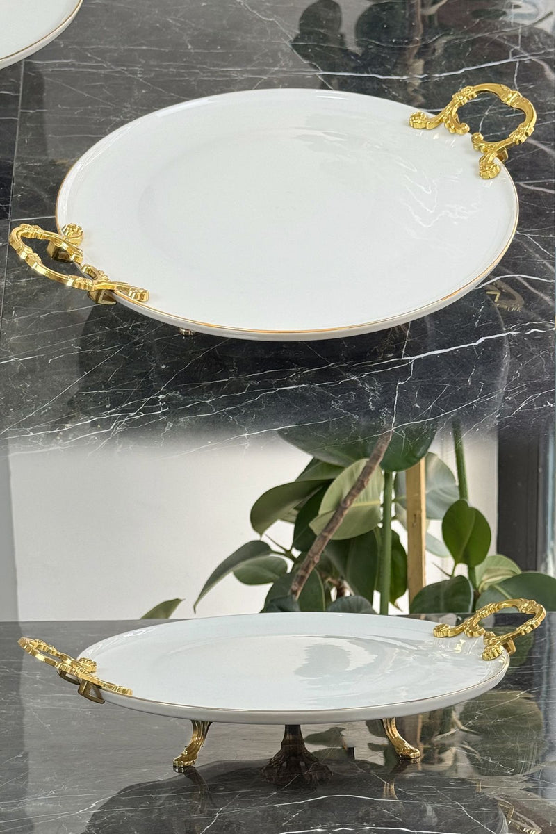 Porselen Metal Kulplu Ayaklı Sunumluk Servislik Tabak (Yaldızlı)