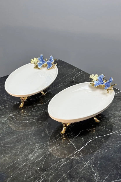Blue Butterfly 2'Li Oval Sunumluk Mezelik Tabak & Gold Ayaklı Kayık Tabak