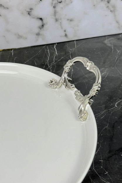 2'Li Porselen Gümüş Kand Ayaklı Sofra Sunum Seti Nur Set & Kek Pasta Yemek Servis Tabağı