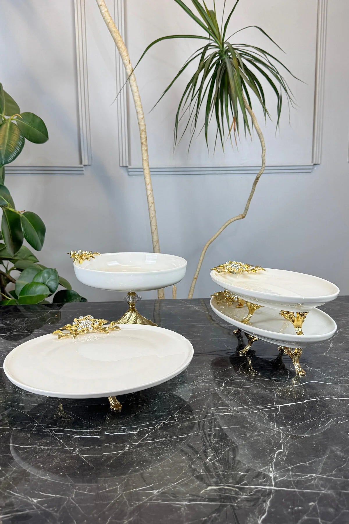 4 Parça Bron Gold Porselen Sofra Sunum Servis Seti & Yemek Tabağı Salata Kasesi Oval Meze Tabağı