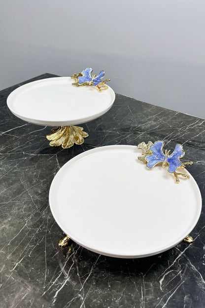Blue Butterfly 2'Li Gold Ayaklı Porselen Tabak Seti