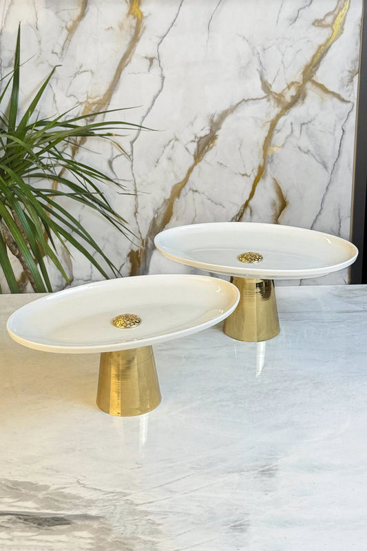 2'Li Porselen Gold Metal Ayaklı Kayık Meze Tabağı & Oval Yemek Sunumluk Servisliği ( Yıkanabilir)