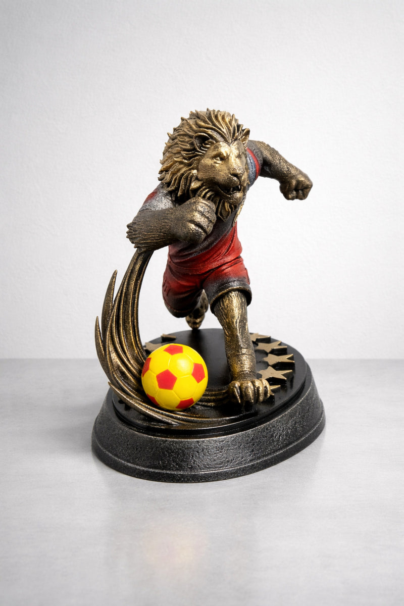 Sarı-Kırmızı Futbolcu aslan maskot biblo , obje